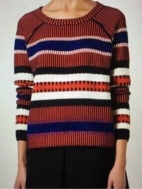 Tory Burch Merino Wool Mohair Designer Colorblocked Thick Knit Crewneck Sweater
